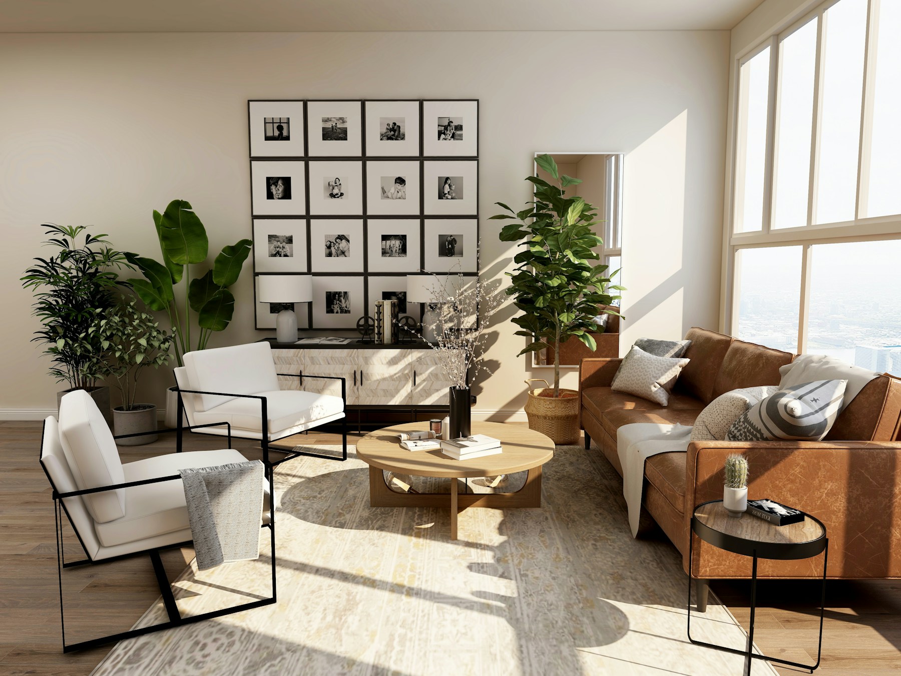 Light-filled room with elegant finished wallpaper